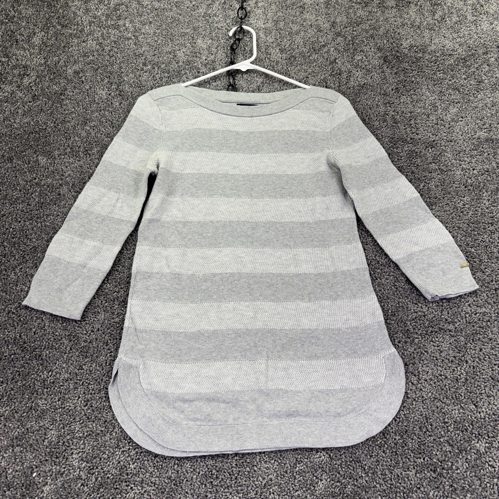 Tommy Hilfiger Top Tunic Womens Medium Gray Striped Crew Knit Logo Casual
